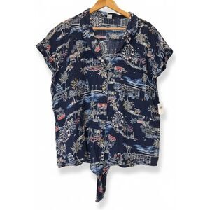 womens XL blouse Old Navy navy cityscape artsy print tie front button top